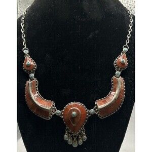 Vintage 925 Silver Indo-China Necklacer Red Coral & Turquoise inlay Rare Tibetan
